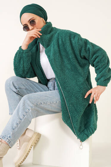 Peluş Fermuarlı Hırka Zümrüt Yeşili - Hırka