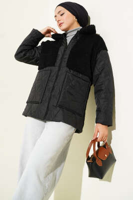 Peluş Garnili Oversize Mont Siyah - BIGDART