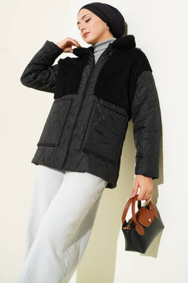 Peluş Garnili Oversize Mont Siyah - 500-700 TL Ürünler
