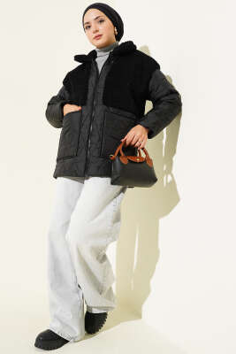 Peluş Garnili Oversize Mont Siyah - 500-700 TL Ürünler