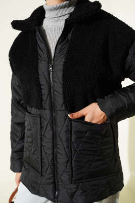 Peluş Garnili Oversize Mont Siyah - 500-700 TL Ürünler