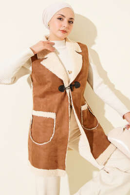 Peluş İçli Süet Yelek Taba - MUSTİ