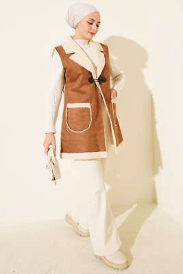 Peluş İçli Süet Yelek Taba - Yelek