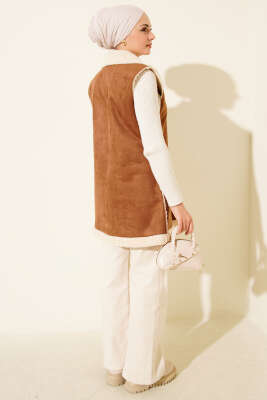 Peluş İçli Süet Yelek Taba - Yelek