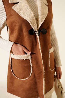 Peluş İçli Süet Yelek Taba - Yelek