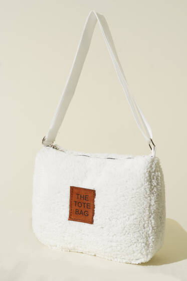 Peluş Omuz Askılı Tote Çanta Beyaz - Kol Çantası