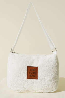 Peluş Omuz Askılı Tote Çanta Beyaz - Kol Çantası