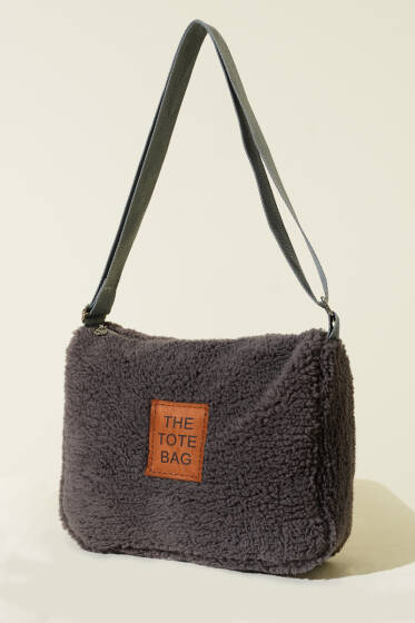 Peluş Omuz Askılı Tote Çanta Füme - Kol Çantası