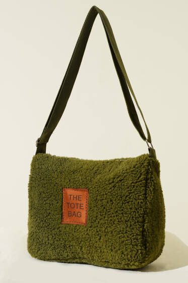 Peluş Omuz Askılı Tote Çanta Haki - Kol Çantası