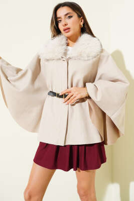 Peluş Yaka Kemerli Kaşe Panço Bej - ENTER TEKSTİL