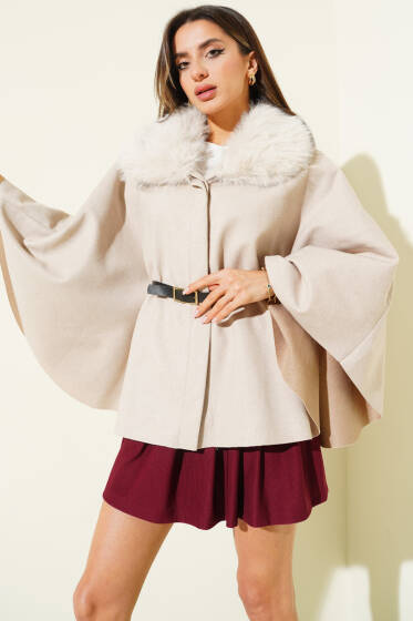 Peluş Yaka Kemerli Kaşe Panço Bej - Panço