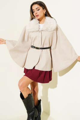 Peluş Yaka Kemerli Kaşe Panço Bej - Panço