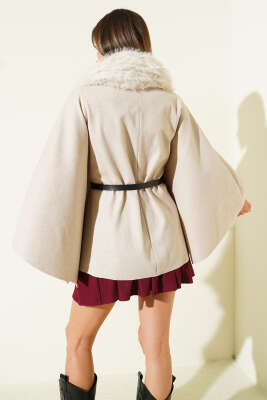 Peluş Yaka Kemerli Kaşe Panço Bej - Panço