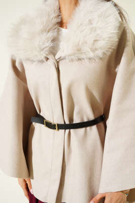 Peluş Yaka Kemerli Kaşe Panço Bej - Panço