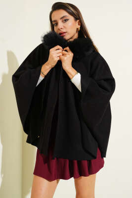 Peluş Yaka Kemerli Kaşe Panço Siyah - ENTER TEKSTİL