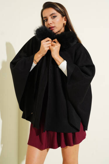 Peluş Yaka Kemerli Kaşe Panço Siyah - Kadın Giyim Modelleri