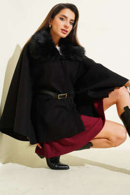 Peluş Yaka Kemerli Kaşe Panço Siyah - Kadın Giyim Modelleri