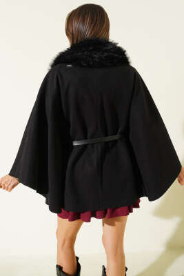 Peluş Yaka Kemerli Kaşe Panço Siyah - Kadın Giyim Modelleri