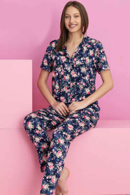Pembe Çiçekli Kısa Kol Düğmeli Pijama Takımı Lacivert - Pijama