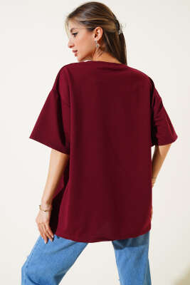 Pembe Panter Baskılı T-shirt Bordo - Kadın Giyim Modelleri