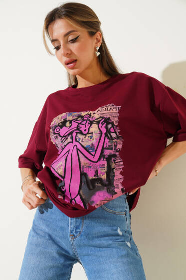 Pembe Panter Baskılı T-shirt Bordo - Kadın Giyim Modelleri