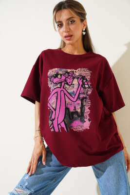 Pembe Panter Baskılı T-shirt Bordo - Kadın Giyim Modelleri
