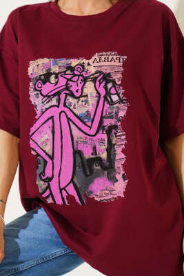 Pembe Panter Baskılı T-shirt Bordo - Kadın Giyim Modelleri