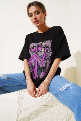 Pembe Panter Baskılı T-shirt Siyah - Kadın Giyim Modelleri