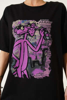 Pembe Panter Baskılı T-shirt Siyah - Kadın Giyim Modelleri