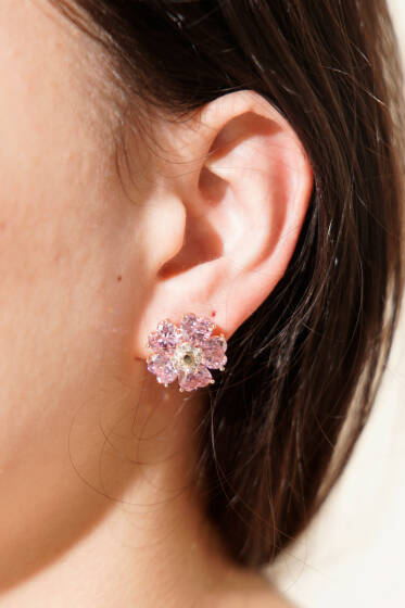 Pembe Safir Görünümlü Kalp Kesim Çiçek Küpe Pembe - Küpe