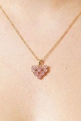Pembe Taşlı Geometrik Kalp Kolye Gold - Yılın Fırsatı