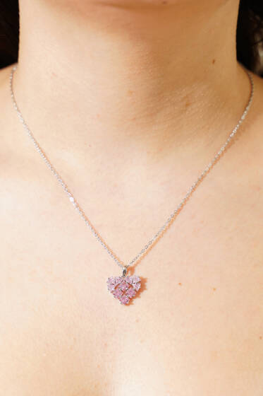 Pembe Taşlı Geometrik Kalp Kolye Gümüş - Kolye