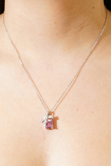 Pembe Taşlı İnci Fiyonklu Kolye Gümüş - Yılın Fırsatı