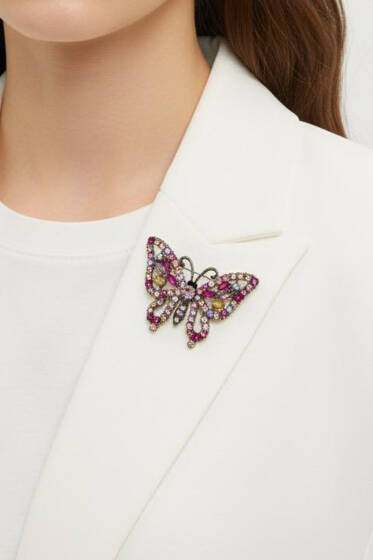 Pembe Taşlı Kelebek Broş Gold - Broş