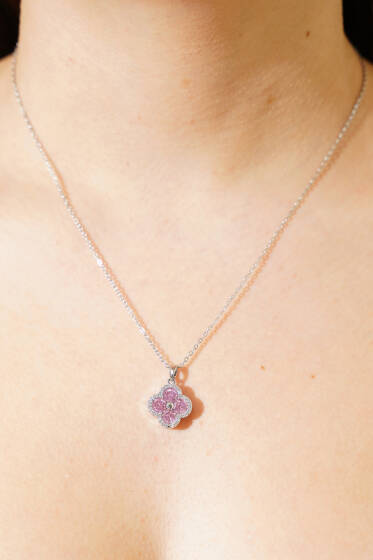 Pembe Taşlı Yonca Figürlü Kolye Gümüş - Kolye
