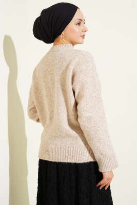 Penguen Baskılı Yumoş Triko Kazak Bej - Triko Kazak