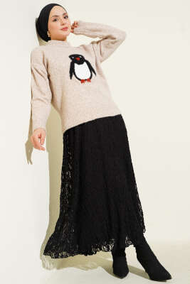 Penguen Baskılı Yumoş Triko Kazak Bej - Yılın Fırsatı