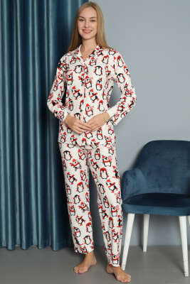 Penguen Desen Süet Pijama Takımı Beyaz - Pijama & Gecelik
