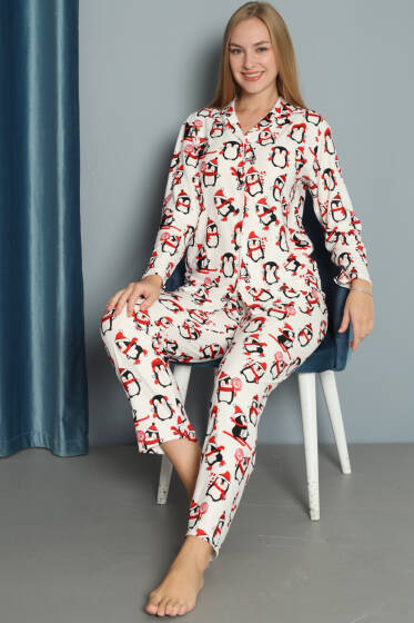 Penguen Desen Süet Pijama Takımı Beyaz - Pijama & Gecelik