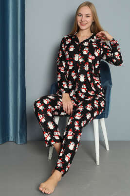 Penguen Desen Süet Pijama Takımı Siyah - Pijama