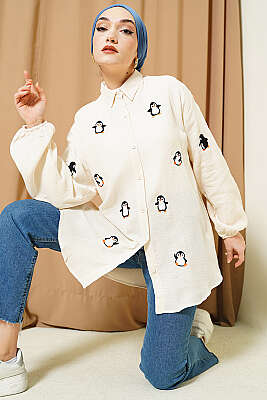 Penguen Nakışlı Müslin Gömlek Bej - DESTİNA