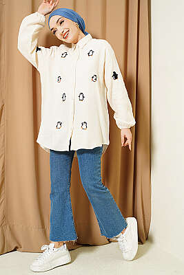 Penguen Nakışlı Müslin Gömlek Bej - Gömlek