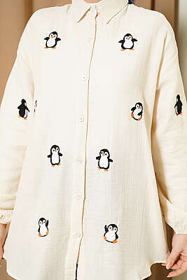 Penguen Nakışlı Müslin Gömlek Bej - Gömlek