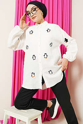 Penguen Nakışlı Müslin Gömlek Ekru - DESTİNA