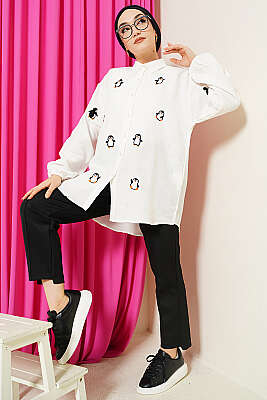 Penguen Nakışlı Müslin Gömlek Ekru - Gömlek