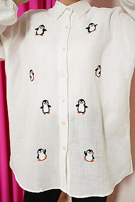 Penguen Nakışlı Müslin Gömlek Ekru - Gömlek