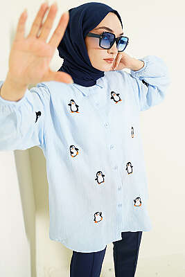 Penguen Nakışlı Müslin Gömlek Mavi - DESTİNA