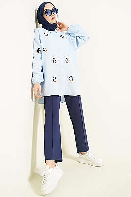 Penguen Nakışlı Müslin Gömlek Mavi - Gömlek