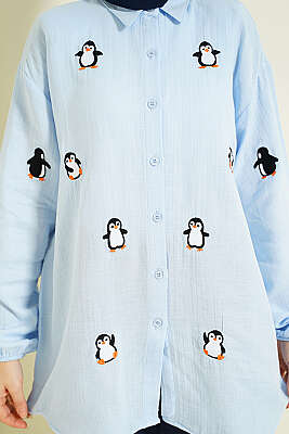 Penguen Nakışlı Müslin Gömlek Mavi - Gömlek