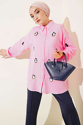 Penguen Nakışlı Müslin Gömlek Pembe - DESTİNA